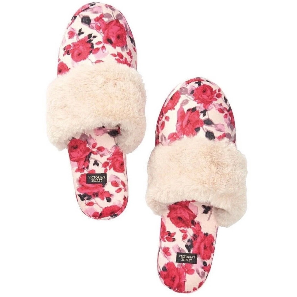 Victoria's Secret Red Rose Satin Floral Slippers Size Large 9-10